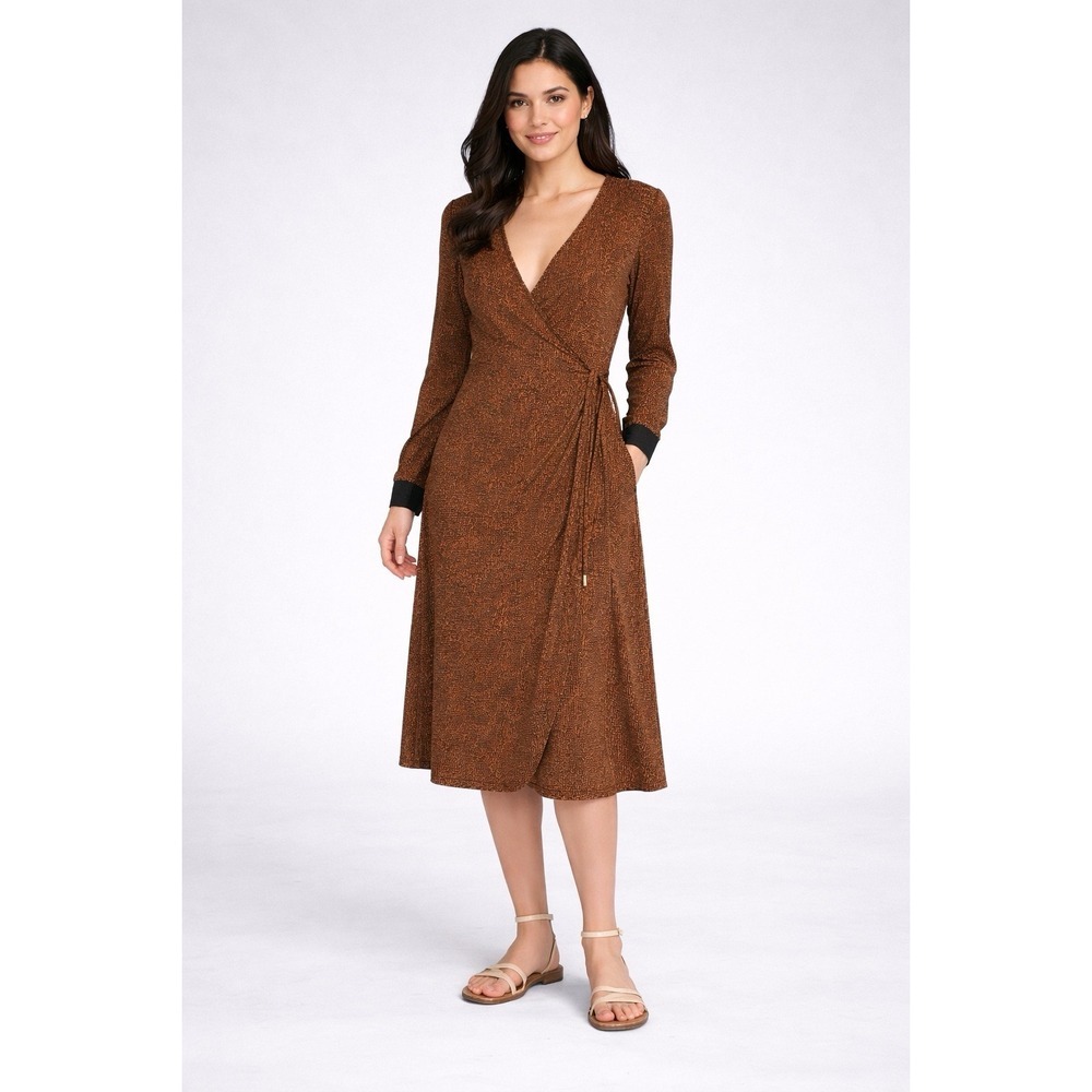 Michael Kors Wrap Dress Size Large Brown & Black Abstract Print Long Sleeve